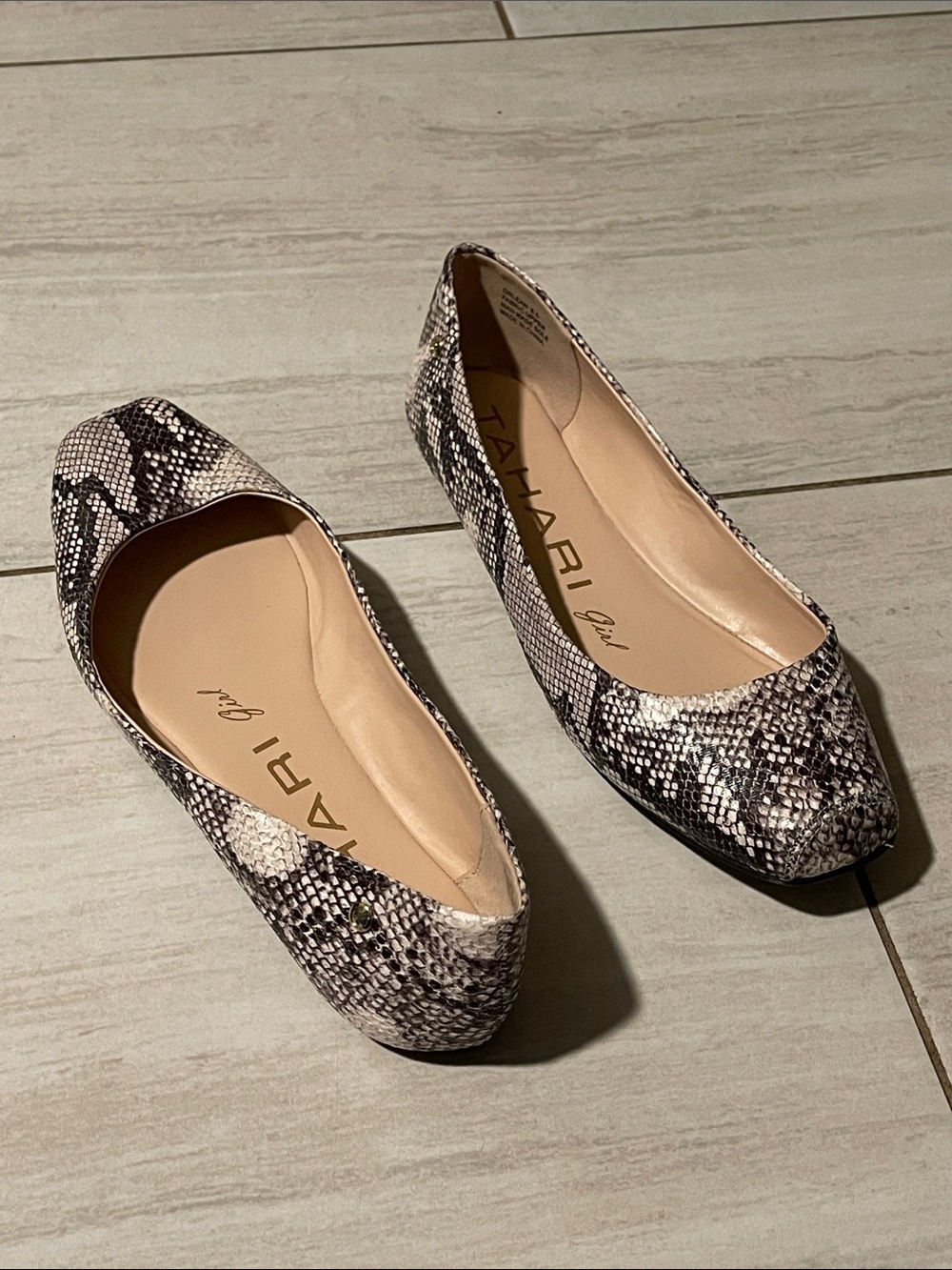 Tahari Black and White Snake-Print Flats